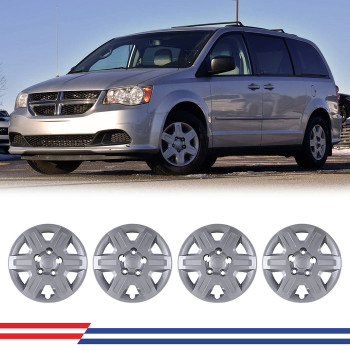 WOLFSTORM Hubcaps Fit for 2008-2016 DODGE GRAND CARAVAN and 2008-2010 CHRYSLER TOWN & COUNTRY, ABS&PC Material Wheel Rim Covers for Steel Wheels, Bolt-On Installation, 16 Inch Silver Lacquer 4-Pack