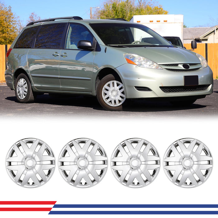 WOLFSTORM 16 Inch Hubcaps Fit for 2004-2010 TOYOTA SIENNA, Set of 4 Chrome Wheel Covers, ABS&PC Material Wheel Rim Covers for Steel Wheels, Snap-On Installation, 4-Piece