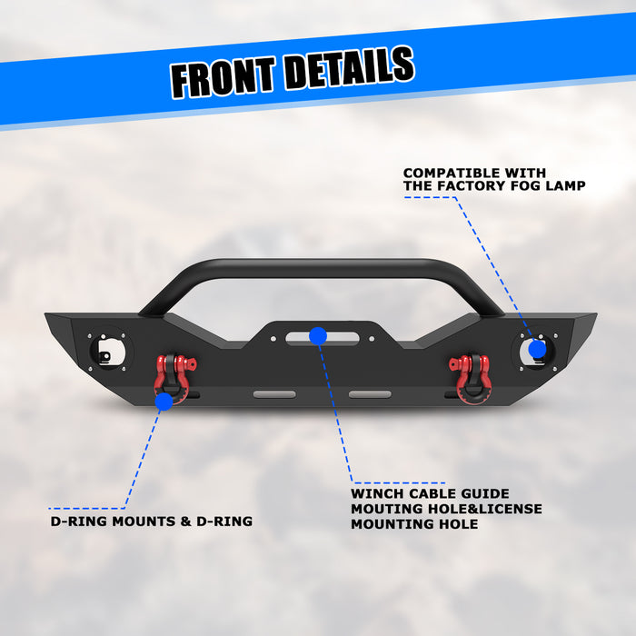 Wolfstorm Front Bumper with D-Ring, Fits for 2007-2018 Jeep WRANGLER JK, 2018-2025 JEEP WRANGLER JL, 2019-2025 JEEP GLADIATOR JT