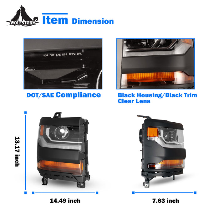 WOLFSTORM Headlight Assembly for 2016-2019 Chevy Silverado 1500 with D5S HID Bulb, LED DRL/Position Lights, and Black Housing