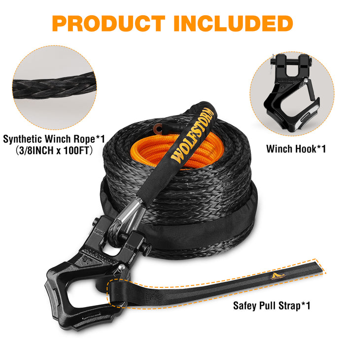 Winch Rope with Hook and Protective Sleeve for Off-Road Vehicles SUV ATV UTV Boats