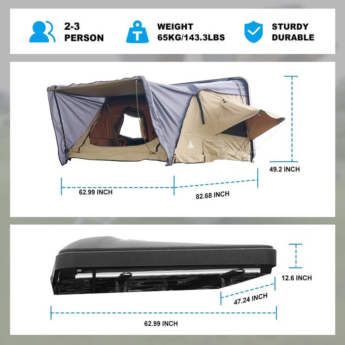 Waterproof Roof Top Tent with Ladder and Sunroof for 2-3 Adults - WOLFSTORM 