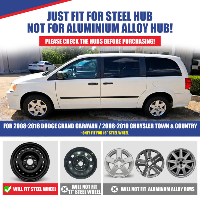 WOLFSTORM Hubcaps Fit for 2008-2016 DODGE GRAND CARAVAN and 2008-2010 CHRYSLER TOWN & COUNTRY, ABS&PC Material Wheel Rim Covers for Steel Wheels, Bolt-On Installation, 16 Inch Silver Lacquer 4-Pack