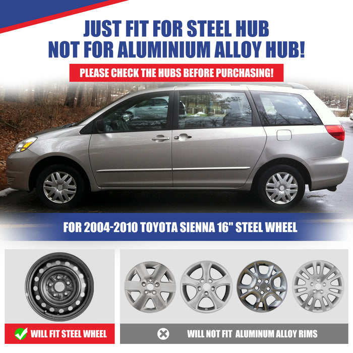 WOLFSTORM Hubcaps Fit for 2004-2010 TOYOTA SIENNA, Set of 4 Silver Lacquer Wheel Covers,PP Material Wheel Rim Covers for Steel Wheels, Snap-On Installation, 16 Inch Silver Lacquer 4-Piece