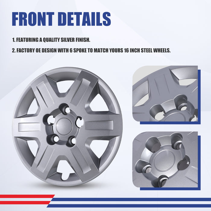 WOLFSTORM Hubcaps Fit for 2008-2016 DODGE GRAND CARAVAN and 2008-2010 CHRYSLER TOWN & COUNTRY, ABS&PC Material Wheel Rim Covers for Steel Wheels, Bolt-On Installation, 16 Inch Silver Lacquer 4-Pack