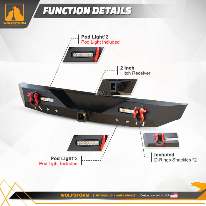 Pare-chocs arrière avec récepteur d'attelage, lumières LED et anneaux en D pour Jeep Wrangler JL/JLU 2018-2024