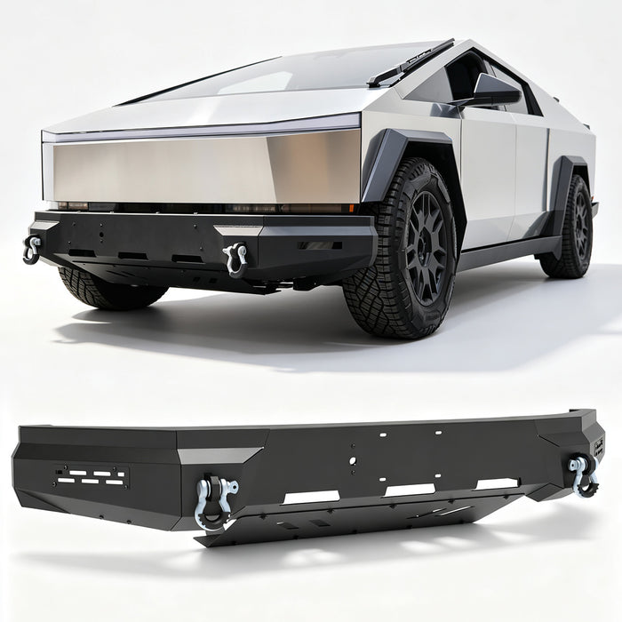 Front Bumper Assembly Fits for 2024 - 2026 Tesla Cybertruck, A Set of 2 D-Rings Included, Optional Side Wings, Skid Plate