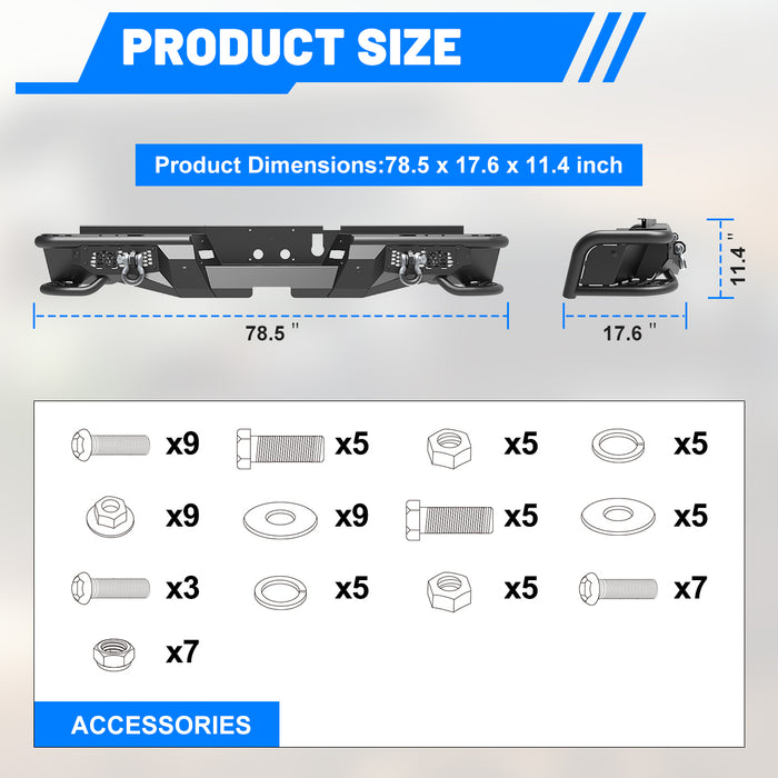 WOLFSTORM Rear Bumper for 2014-2021 Toyota Tundra, a set of 4 Inch LED Lights and a set of D-Rings Included