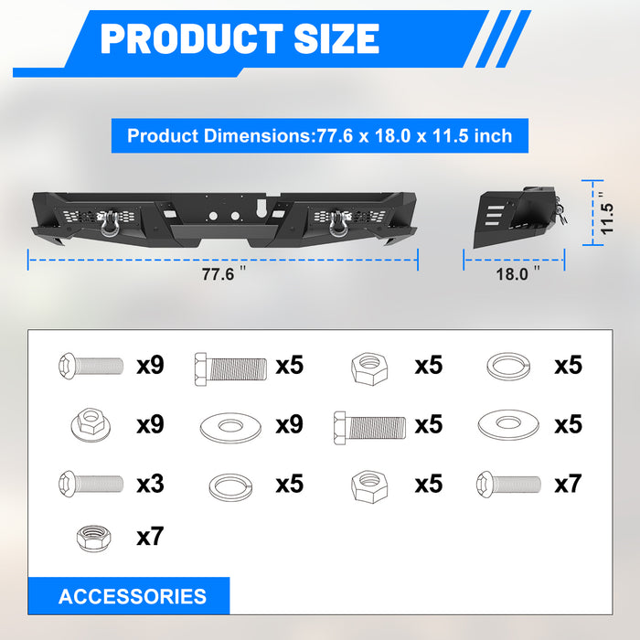 WOLFSTORM Rear Bumper for 2019-2024 Dodge Ram 2500, a set of 4 Inch LED Lights and a set of D-Rings Included