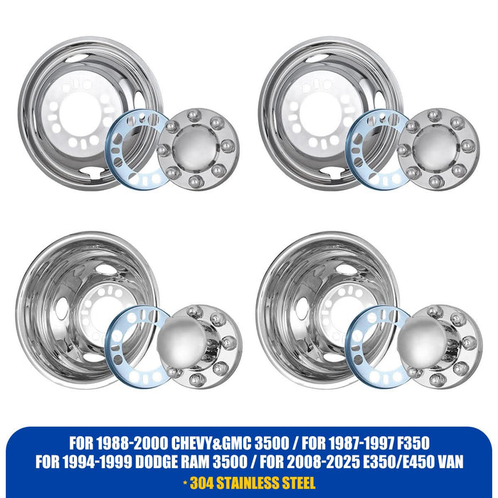 WOLFSTORM Stainless Steel Dually Hubcaps - 16 Inch for 1988-2000 Chevy/GMC 3500; 1987-1997 F350;1994-1999 Dodge Ram 3500;2008-2025 Ford E350/E450 Van SuperDuty, Set of 4