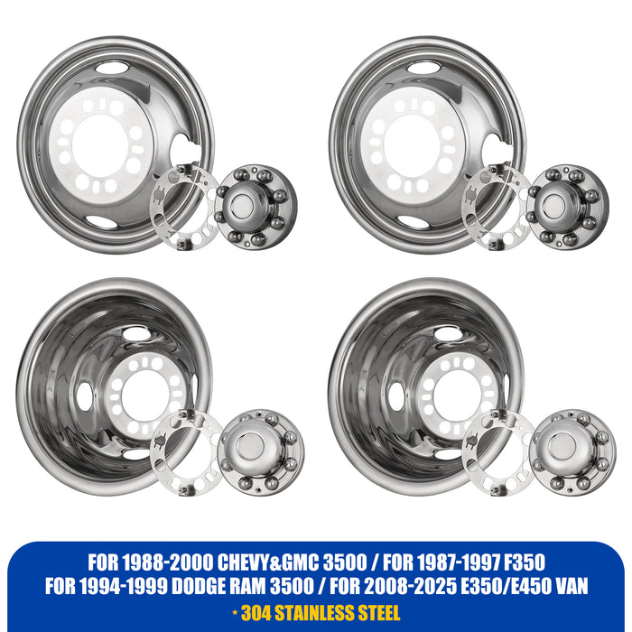 WOLFSTORM Stainless Steel Dually Hubcaps - 16 Inch for 1974-2000 Chevy/GMC 3500, 1974-1998 Ford F-350, 2008-2021 Ford E-350/E-450 Van, 1974-1999 Dodge RAM, Set of 4