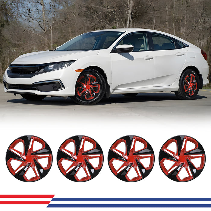 WOLFSTORM 16 Inch Hubcaps for 2016-2025 Honda Civic SEDAN, Set of 4 Snap-on Installation Wheel Rim Covers Compatible with Steel Wheels, ABS&PC Material Hub Caps-16 Inch Black Lacquer & Red Lacquer 4-Piece Set