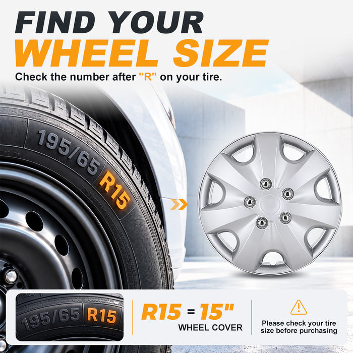 WOLFSTORM 4-Pack 15 Inch Universal Hubcaps for Steel Wheel Rims Cover
