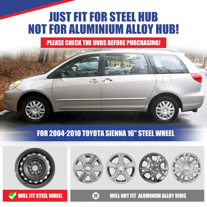 WOLFSTORM 16 Inch Hubcaps Fit for 2004-2010 TOYOTA SIENNA, Set of 4 Chrome Wheel Covers, ABS&PC Material Wheel Rim Covers for Steel Wheels, Snap-On Installation, 4-Piece