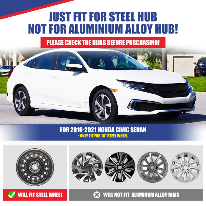 WOLFSTORM 16 Inch Hubcaps for 2016-2025 Honda Civic SEDAN, Set of 4 Snap-on Installation Wheel Rim Covers Compatible with Steel Wheels, ABS&PC Material Hub Caps-16 Inch Black Lacquer & Red Lacquer 4-Piece Set