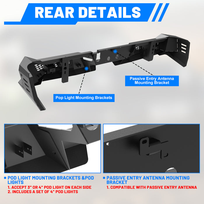 WOLFSTORM Rear Bumper for 2019-2024 Dodge Ram 2500, a set of 4 Inch LED Lights and a set of D-Rings Included