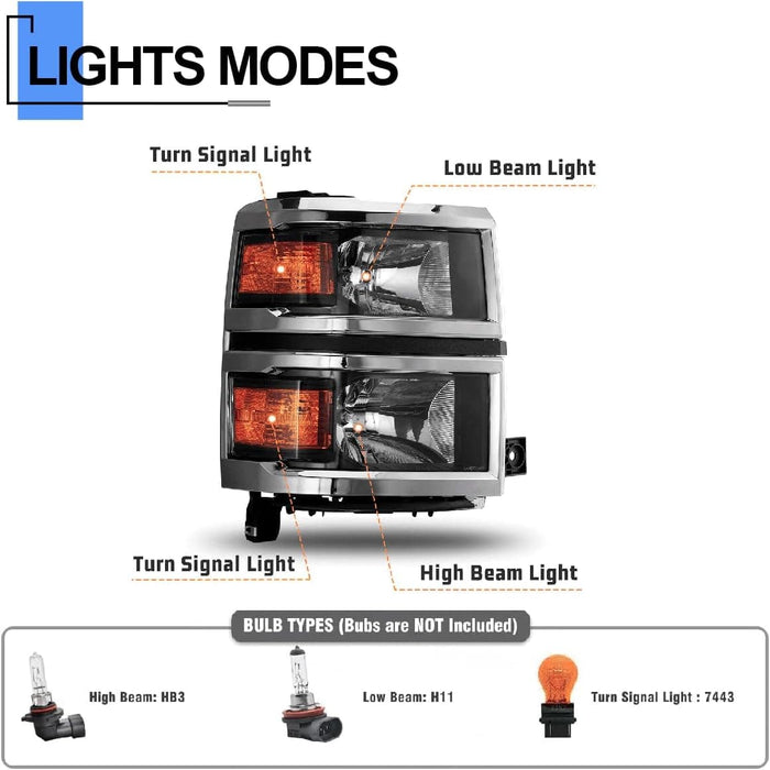 WOLFSTORM Headlight Assembly Compatible with 2014-2015 Chevy Silverado 1500 - WOLFSTORM