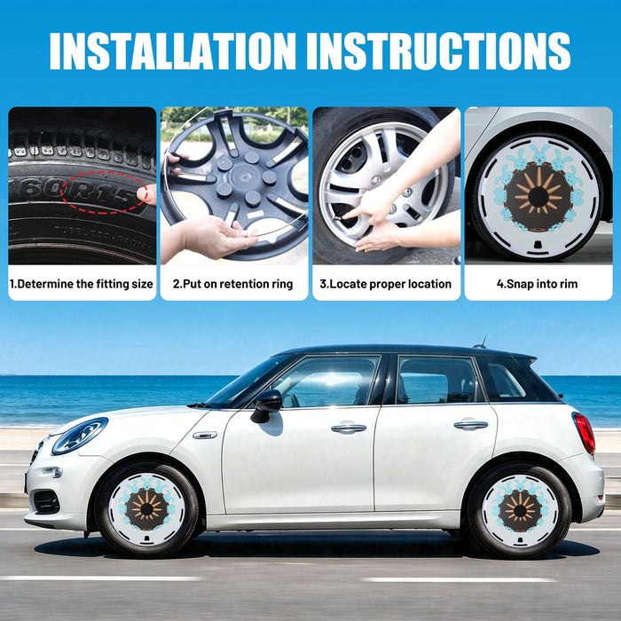 Aerodisc Full Coverage Wheel Covers for Universal Steel Wheels – White Rabbit Custom Pattern Hubcaps, Set of 4