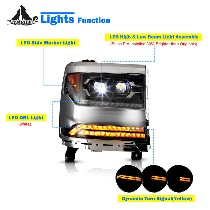 WOLFSTORM Faros delanteros para Chevy Silverado 1500 2016-2019 LED proyector DRL luces de señal de giro de repuesto 