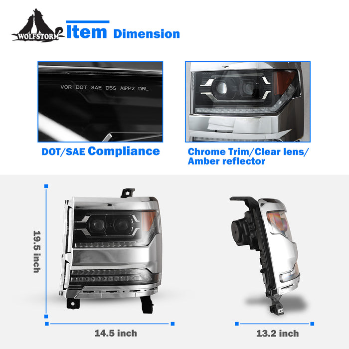 WOLFSTORM Faros delanteros para Chevy Silverado 1500 2016-2019 LED proyector DRL luces de señal de giro de repuesto 
