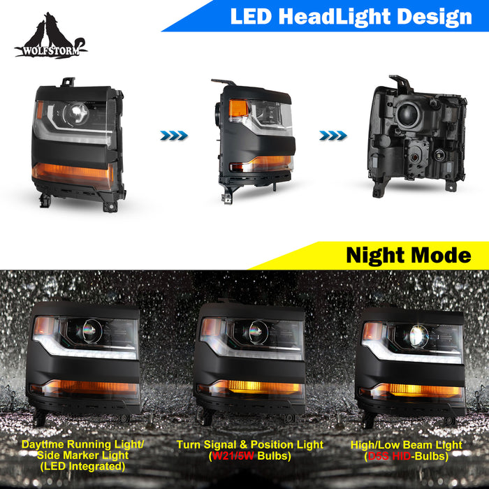 WOLFSTORM Headlight Assembly for 2016-2019 Chevy Silverado 1500 with D5S HID Bulb, LED DRL/Position Lights, and Black Housing