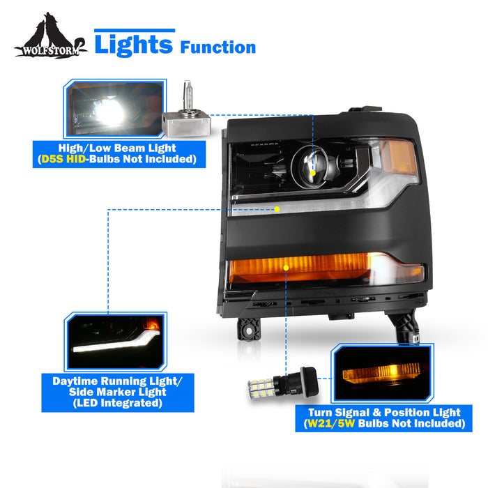 WOLFSTORM Headlight Assembly for 2016-2019 Chevy Silverado 1500 with D5S HID Bulb, LED DRL/Position Lights, and Black Housing