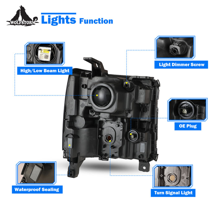 WOLFSTORM Headlight Assembly for 2016-2019 Chevy Silverado 1500 with D5S HID Bulb, LED DRL/Position Lights, and Black Housing