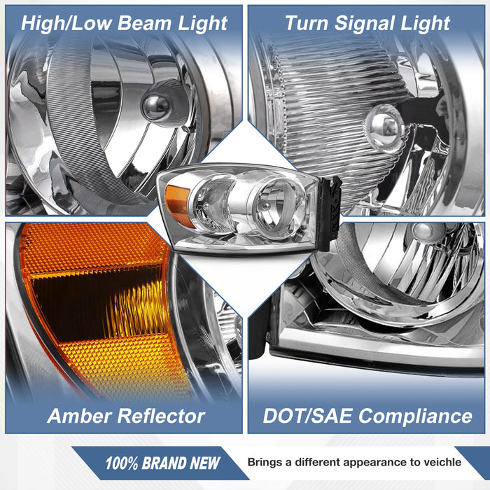 WOLFSTORM Replacement Headlights Chrome Bezel Pair for 2006-2009 Dodge Ram 1500/2500/3500