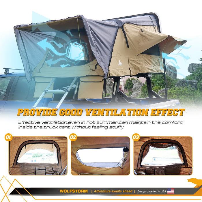 car roof tent inside WOLFSTORM Hard Shell Rooftop Tent – Universal Fit for Pickup Trucks, SUVs & Jeeps Waterproof Camping Roof Tent with Ladder & Mattress (2-3 Adults)