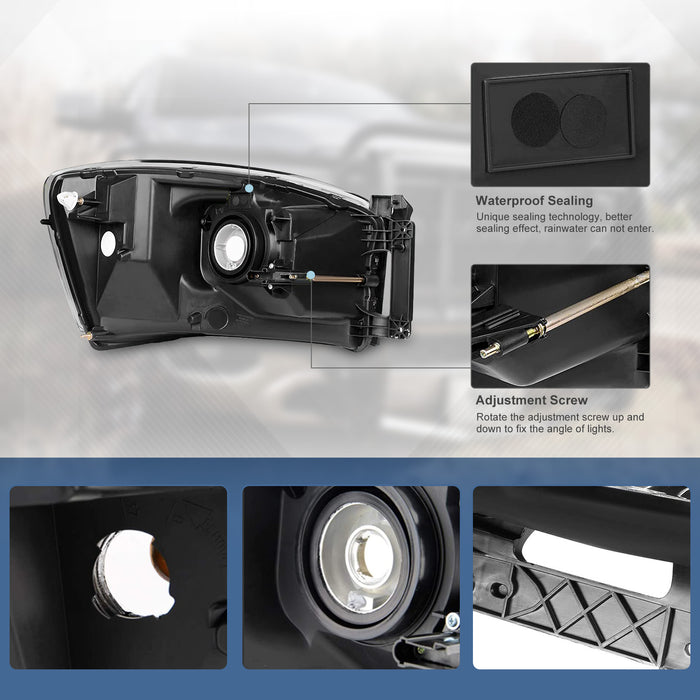 WOLFSTORM Replacement Headlights Chrome Bezel Pair for 2006-2009 Dodge Ram 1500/2500/3500