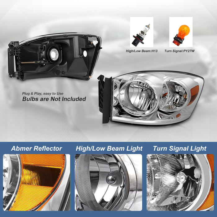 WOLFSTORM Replacement Headlights Chrome Bezel Pair for 2006-2009 Dodge Ram 1500/2500/3500
