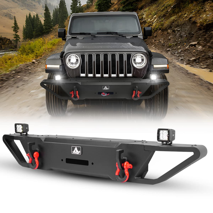 Front Bumper for 2008-2017 Jeep Wrangler JK with Winch Plate Mounting & 2 D-Rings & 2 LED Lights - WOLFSTORM