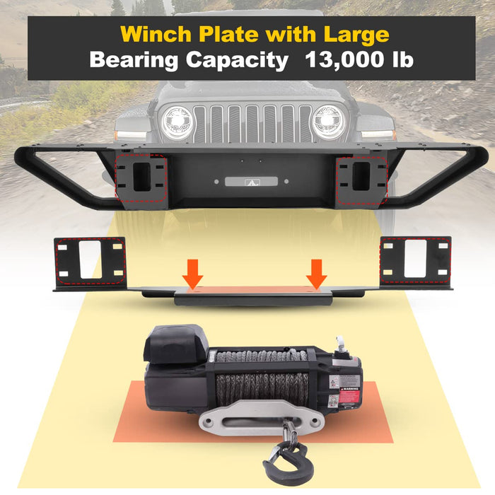 Front Bumper for 2008-2017 Jeep Wrangler JK with Winch Plate Mounting & 2 D-Rings & 2 LED Lights - WOLFSTORM