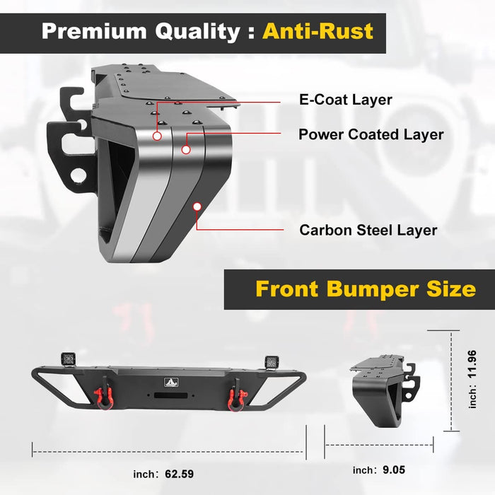 Front Bumper for 2008-2017 Jeep Wrangler JK with Winch Plate Mounting & 2 D-Rings & 2 LED Lights - WOLFSTORM