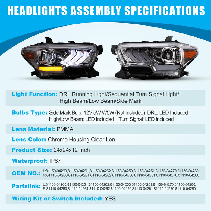 WOLFSTORM Headlights with Sequential Turn Signal Design for 2016-2019 Toyota Tacoma and 2020-2023 Tacoma SR SR5 TRD (Sport models only) - WOLFSTORM 