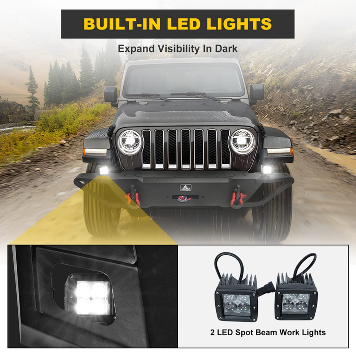 Front Bumper for 2008-2017 Jeep Wrangler JK with Winch Plate Mounting & 2 D-Rings & 2 LED Lights - WOLFSTORM