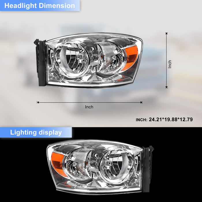 WOLFSTORM Replacement Headlights Chrome Bezel Pair for 2006-2009 Dodge Ram 1500/2500/3500 - WOLFSTORM 