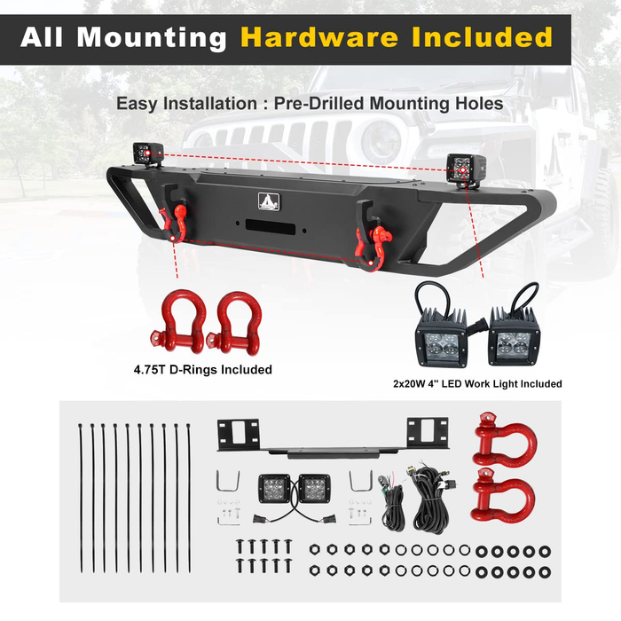 Front Bumper for 2008-2017 Jeep Wrangler JK with Winch Plate Mounting & 2 D-Rings & 2 LED Lights - WOLFSTORM