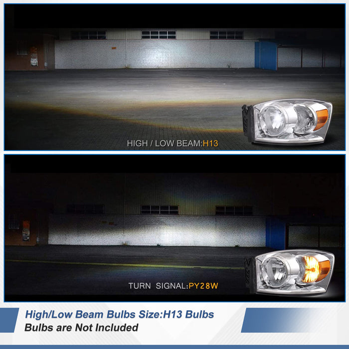 WOLFSTORM Replacement Headlights Chrome Bezel Pair for 2006-2009 Dodge Ram 1500/2500/3500