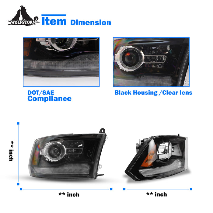 WOLFSTORM Headlight Assembly for 2013-2018 Dodge Ram 1500/2500/3500 and 2019-2024 Ram 1500 Classic