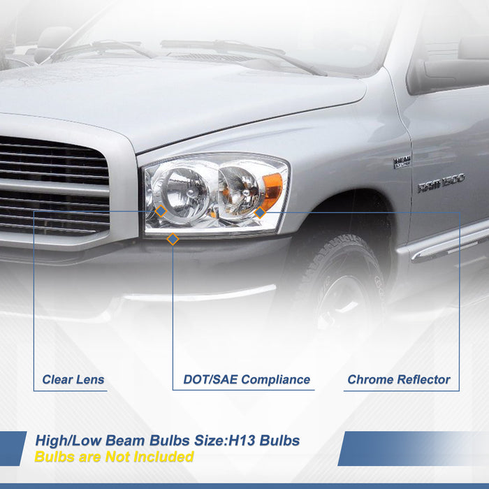 WOLFSTORM Replacement Headlights Chrome Bezel Pair for 2006-2009 Dodge Ram 1500/2500/3500