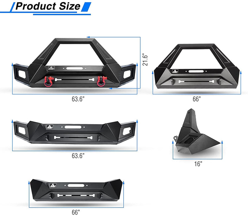 Front Bumper with LED Lights and D-Ring Shackles for Jeep Wrangler and Gladiator - WOLFSTORM 