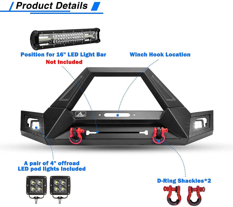 Front Bumper with LED Lights and D-Ring Shackles for Jeep Wrangler and Gladiator - WOLFSTORM 