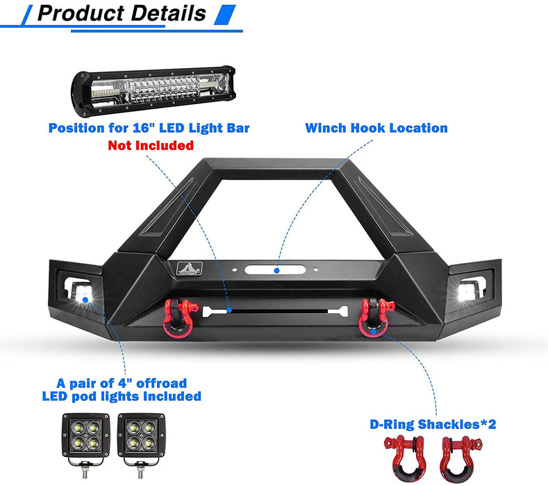 Front Bumper with LED Lights and D-Ring Shackles for Jeep Wrangler and Gladiator