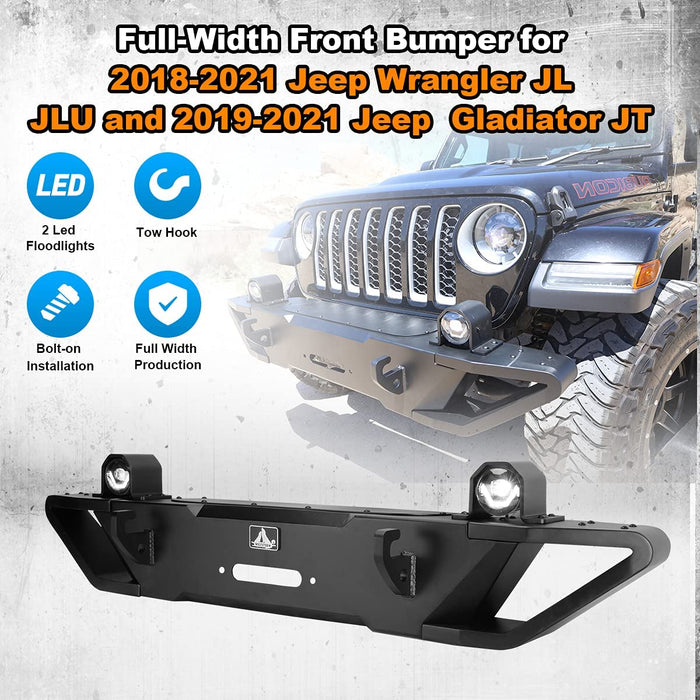 WOLFSTORM Front Bumper for 2018-2023 Jeep Wrangler JL and 2019-2023 Jeep Gladiator JT with LED Fog Lights