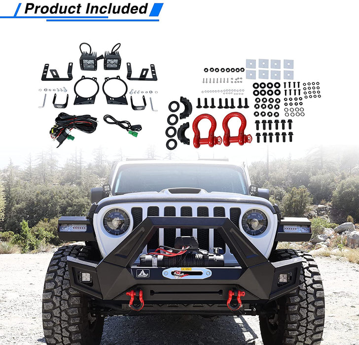 Front Bumper with LED Lights and D-Ring Shackles for Jeep Wrangler and Gladiator - WOLFSTORM 
