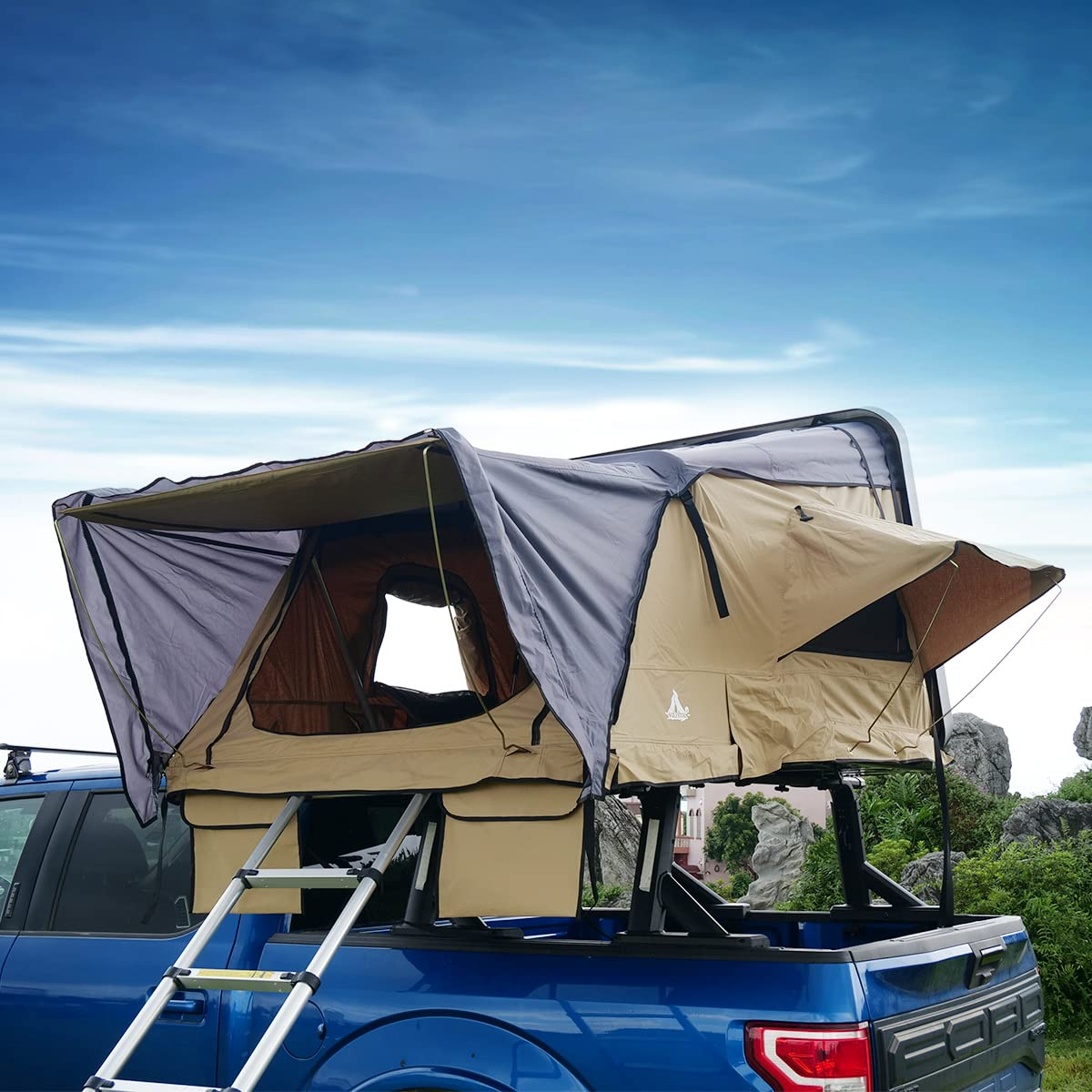 roof tent for pickup truck WOLFSTORM Hard Shell Rooftop Tent – Universal Fit for Pickup Trucks, SUVs & Jeeps Waterproof Camping Roof Tent with Ladder & Mattress (2-3 Adults)