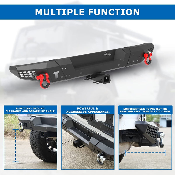 Rear Bumper with D-ring Shackles and 2" Hitch Receiver for Jeep 2007-2018 Wrangler JK/JKU - WOLFSTORM 