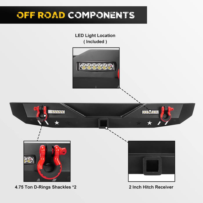 Rear Bumper with Hitch Receiver, LED Lights & D-Rings for 2018-2023 Jeep Wrangler JL/JLU - WOLFSTORM 