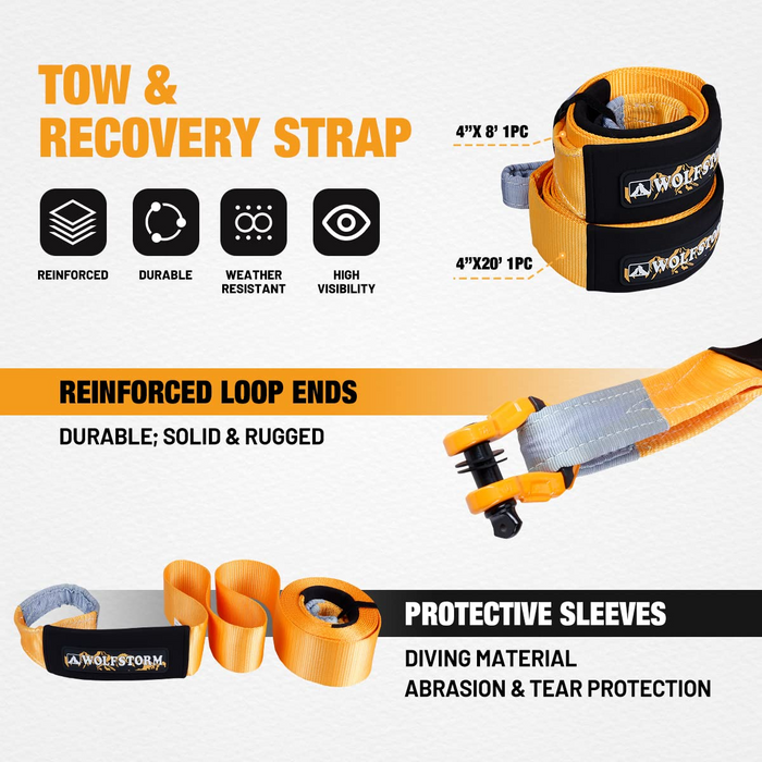 Recovery Kit (8 Tools) - Tow Strap, Tree Saver, Snatch Block, D-Ring Shackles, Winch Damper Bag, and Gloves - WOLFSTORM 